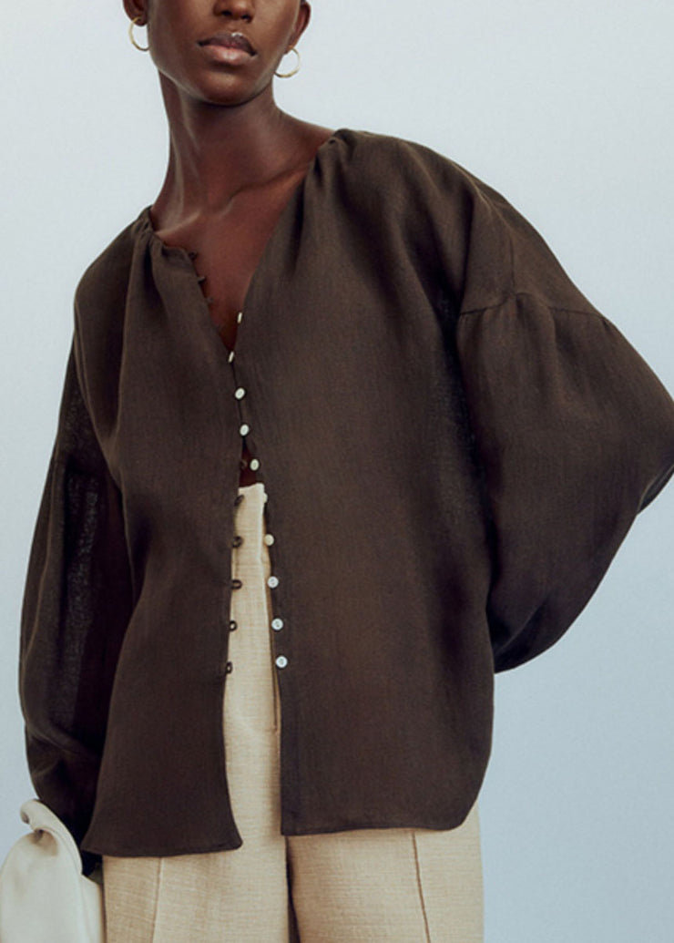 Chic Chocolate V Neck Patchwork Low High Design Shirts Lantern Sleeve