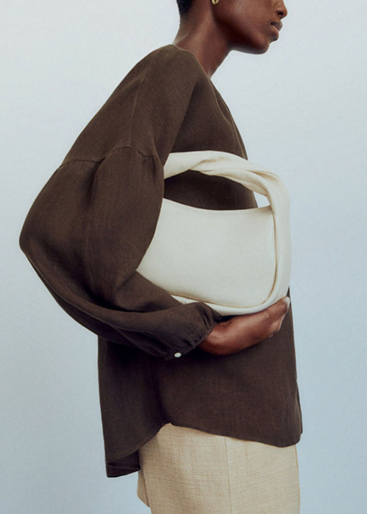 Chic Chocolate V Neck Patchwork Low High Design Shirts Lantern Sleeve