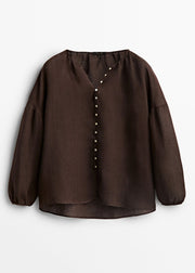 Chic Chocolate V Neck Patchwork Low High Design Shirts Lantern Sleeve