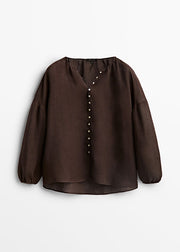 Chic Chocolate V Neck Patchwork Low High Design Shirts Lantern Sleeve