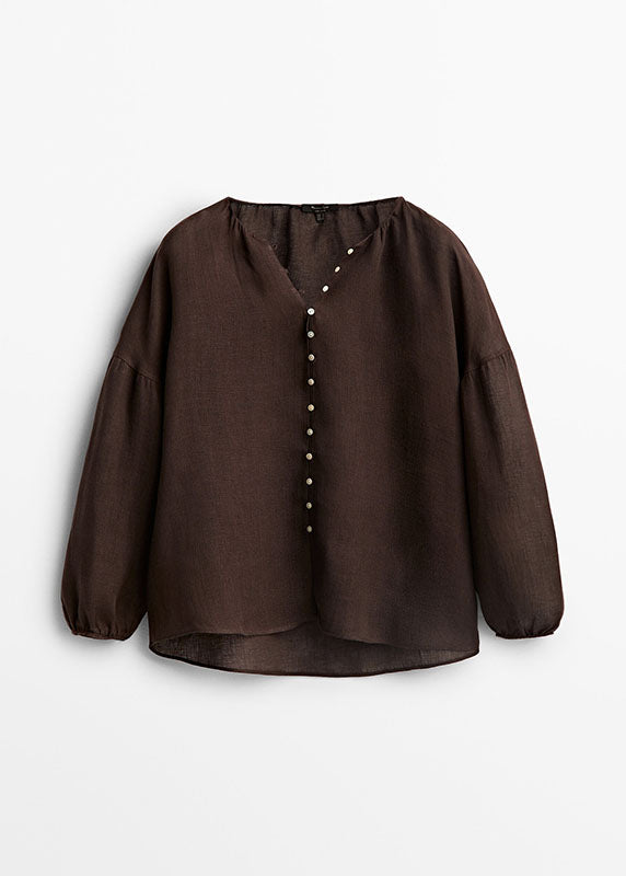 Chic Chocolate V Neck Patchwork Low High Design Shirts Lantern Sleeve