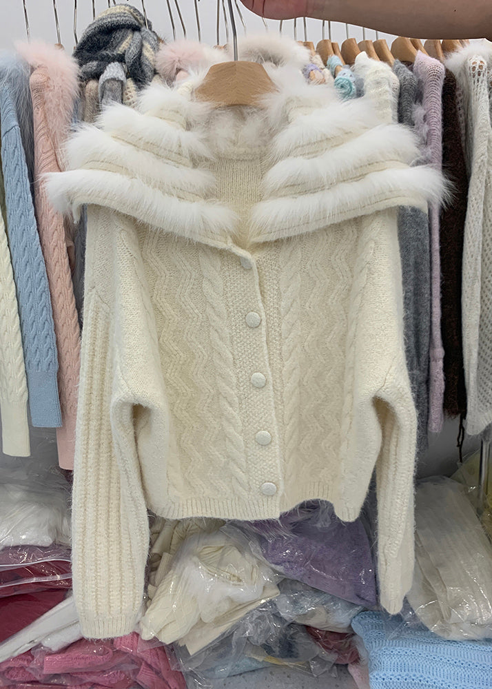 Chic Coffee Fox Collar Zippered Patchwork Cotton Knit Cardigans Winter