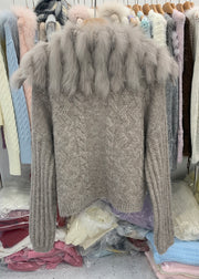 Chic Coffee Fox Collar Zippered Patchwork Cotton Knit Cardigans Winter