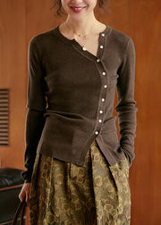 Chic Coffee O Neck Button Slim Fit Woolen Knit Top Fall
