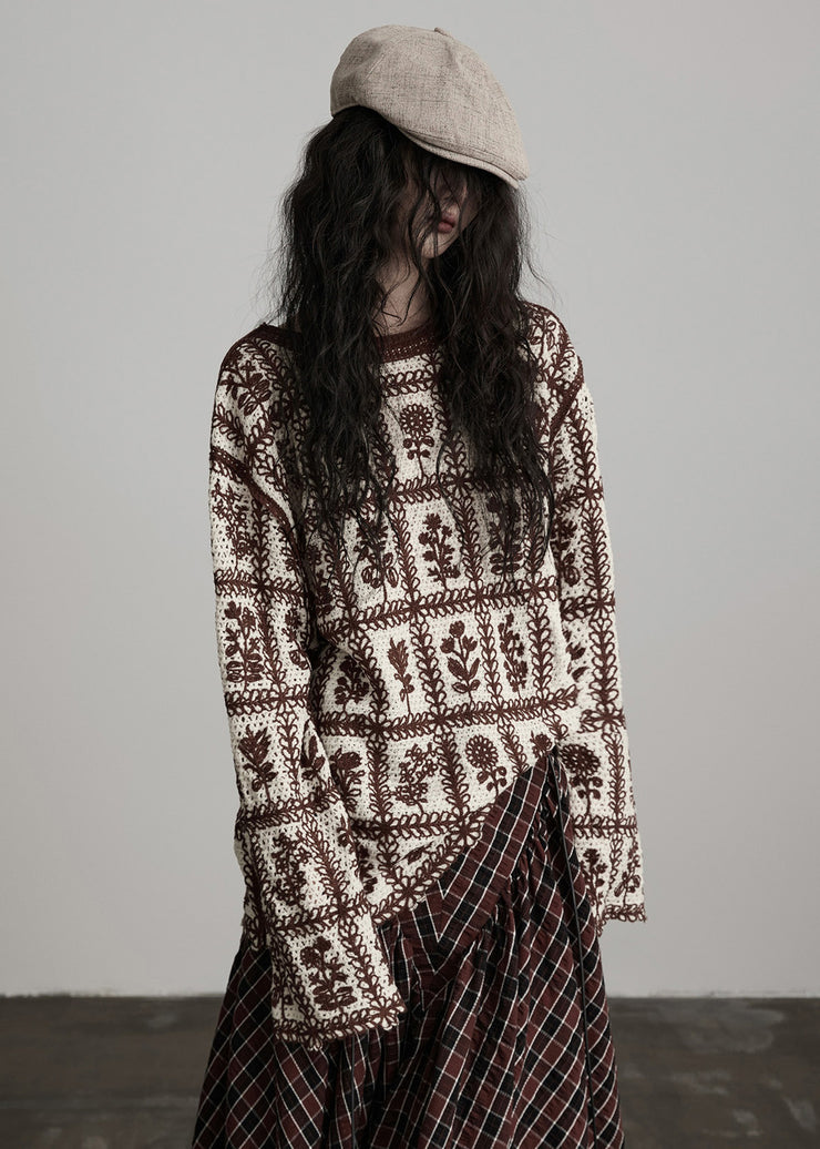 Chic Coffee O Neck Jacquard Knit Sweater Winter