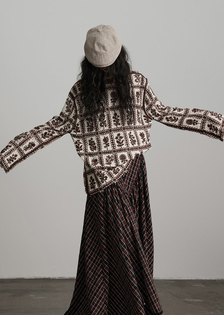 Chic Coffee O Neck Jacquard Knit Sweater Winter