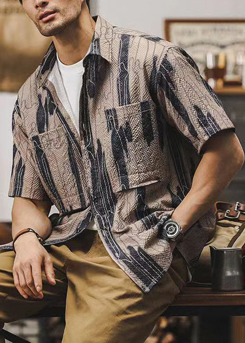 Chic Coffee Peter Pan Collar Print Cotton Shirts Mens Summer
