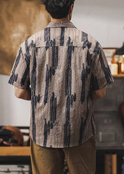Chic Coffee Peter Pan Collar Print Cotton Shirts Mens Summer
