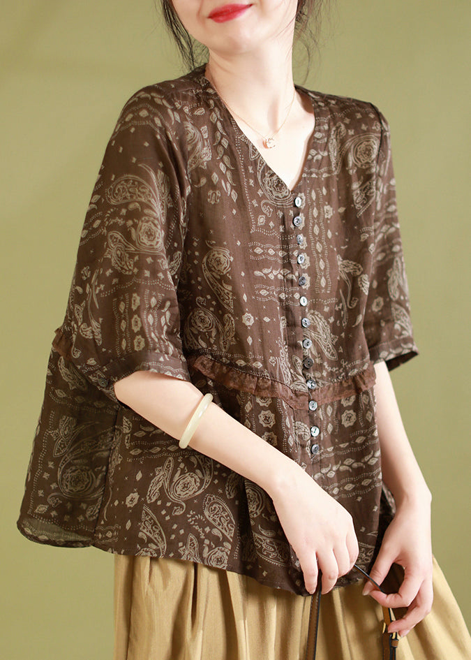 Chic Coffee Print Ruffled Patchwork Linen Shirts Summer