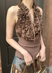 Chic Coffee Ruffled Lace Up Knit Patchwork Tank Sleeveless
