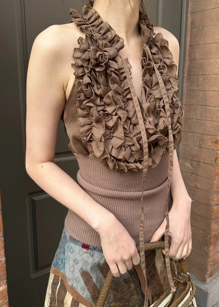 Chic Coffee Ruffled Lace Up Knit Patchwork Tank Sleeveless