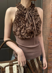 Chic Coffee Ruffled Lace Up Knit Patchwork Tank Sleeveless