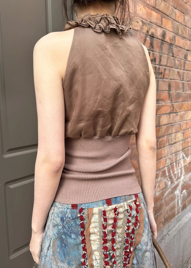 Chic Coffee Ruffled Lace Up Knit Patchwork Tank Sleeveless