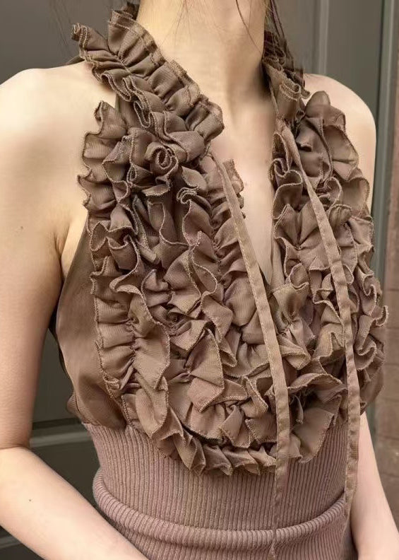 Chic Coffee Ruffled Lace Up Knit Patchwork Tank Sleeveless