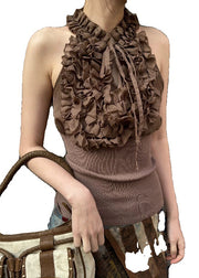 Chic Coffee Ruffled Lace Up Knit Patchwork Tank Sleeveless