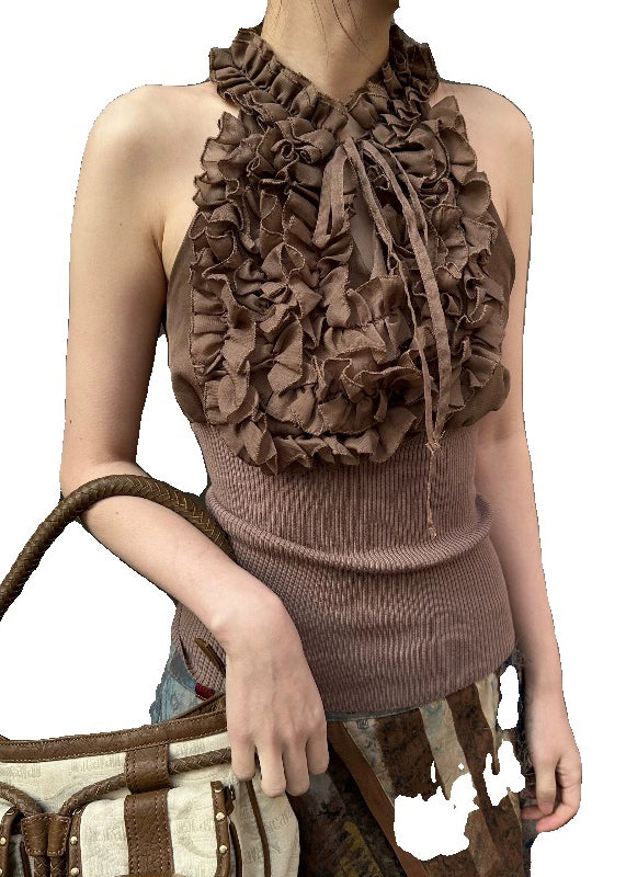 Chic Coffee Ruffled Lace Up Knit Patchwork Tank Sleeveless