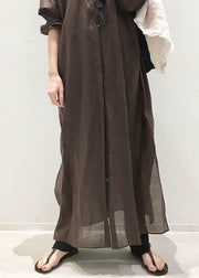Chic Coffee Stand Collar Cotton Shirts Dresses Long Sleeve