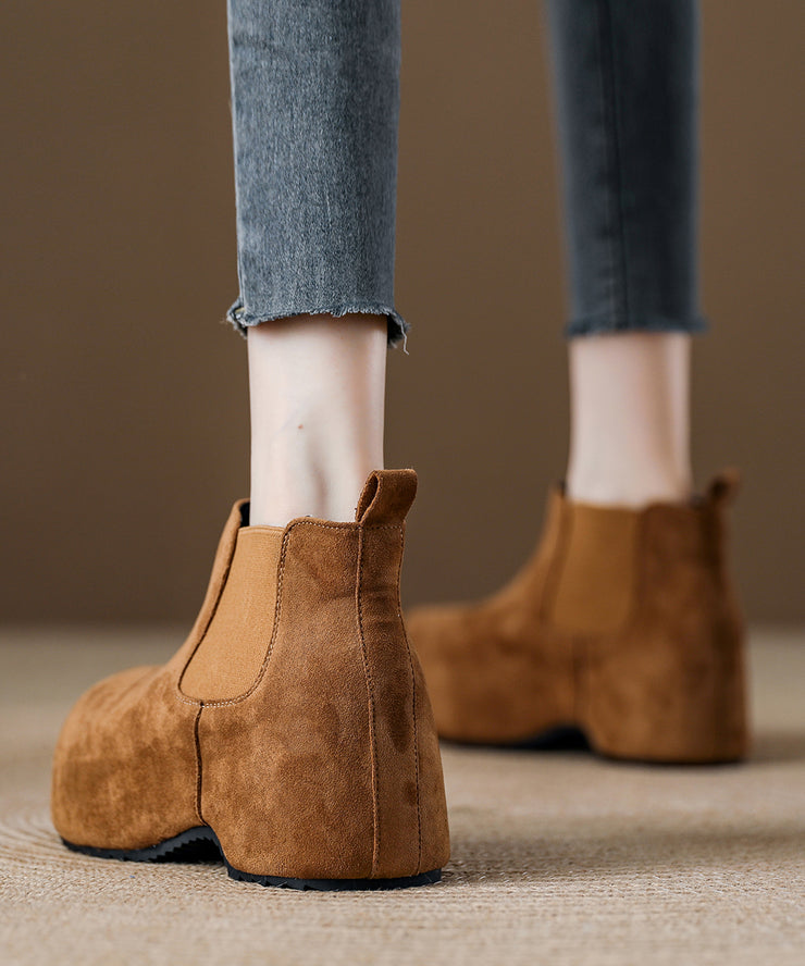 Chic Coffee Suede Splicing Boots Fuzzy Wool Lined