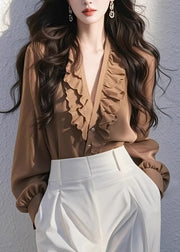 Chic Coffee V Neck Ruffled Solid Top Fall