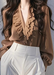 Chic Coffee V Neck Ruffled Solid Top Fall