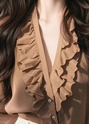 Chic Coffee V Neck Ruffled Solid Top Fall