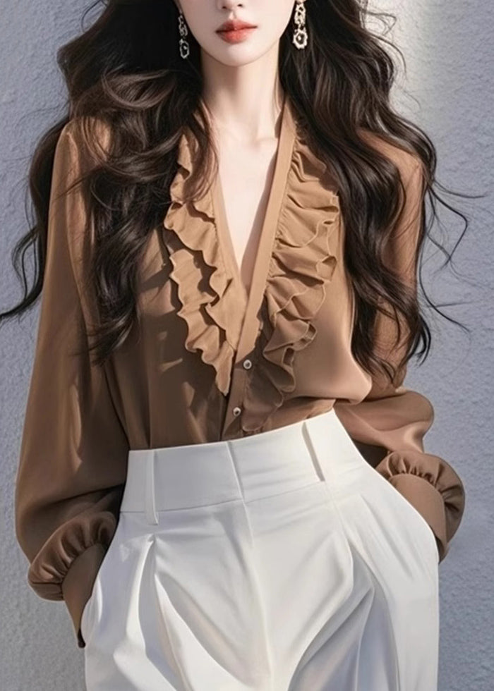 Chic Coffee V Neck Ruffled Solid Top Fall