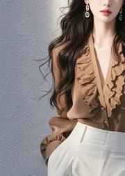 Chic Coffee V Neck Ruffled Solid Top Fall