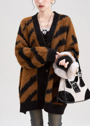 Chic Coffee V Neck Striped Button Knit Cardigans Fall