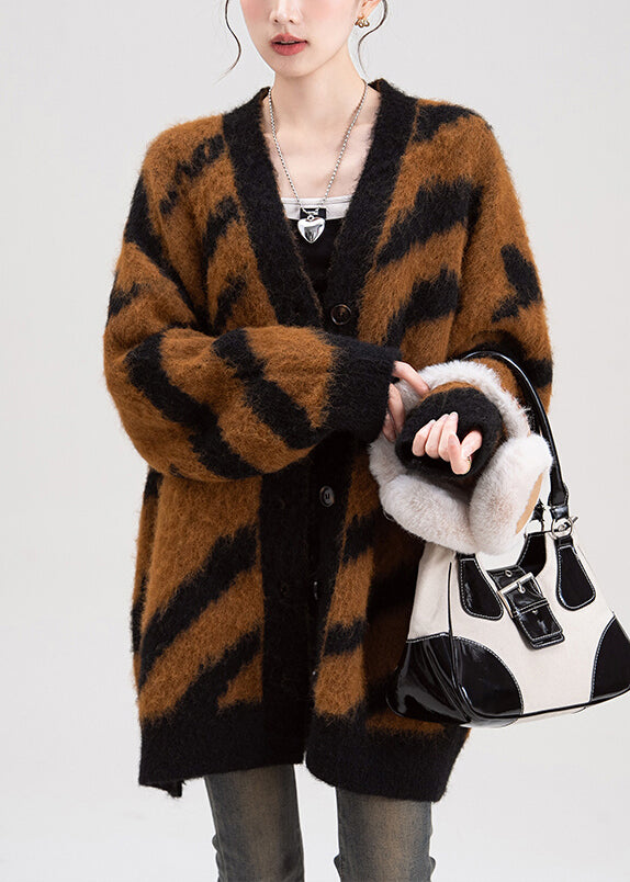 Chic Coffee V Neck Striped Button Knit Cardigans Fall