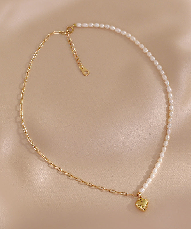 Chic Colorblock 14K Gold Asymmetrical Patchwork Pearl Love Pendant Necklace