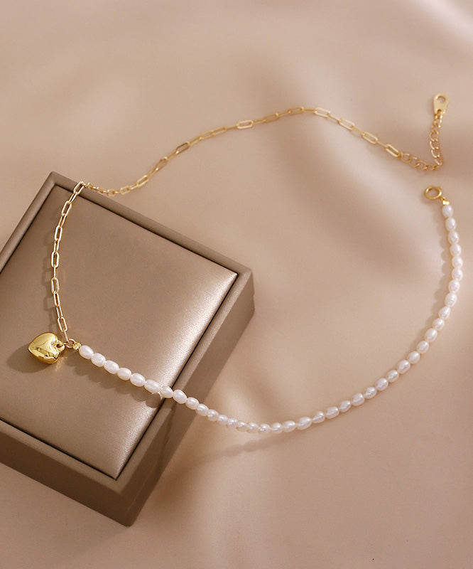 Chic Colorblock 14K Gold Asymmetrical Patchwork Pearl Love Pendant Necklace