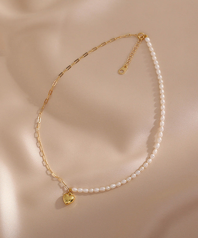 Chic Colorblock 14K Gold Asymmetrical Patchwork Pearl Love Pendant Necklace