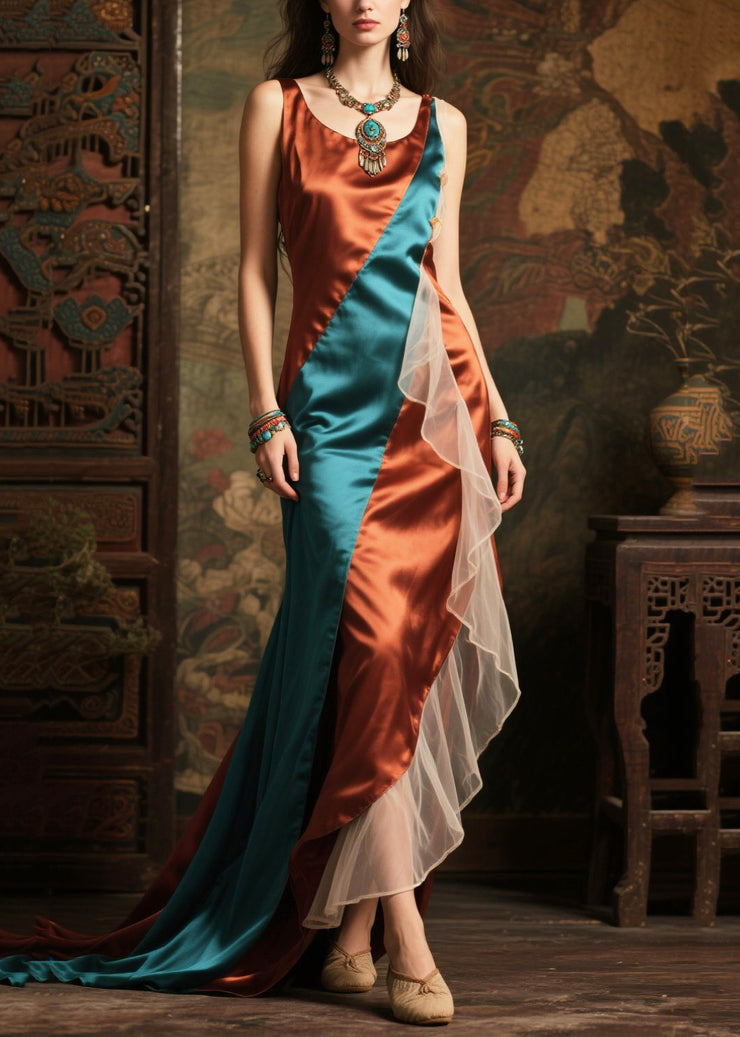 Chic Colorblock Asymmetrical Patchwork Exra Large Hem Silk Dress Summer