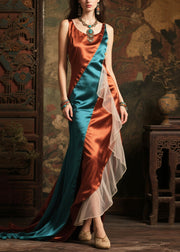 Chic Colorblock Asymmetrical Patchwork Exra Large Hem Silk Dress Summer