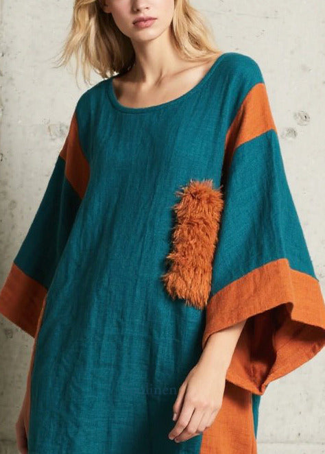 Chic Colorblock Asymmetrical Patchwork Faux Fur Dresses Batwing Sleeve
