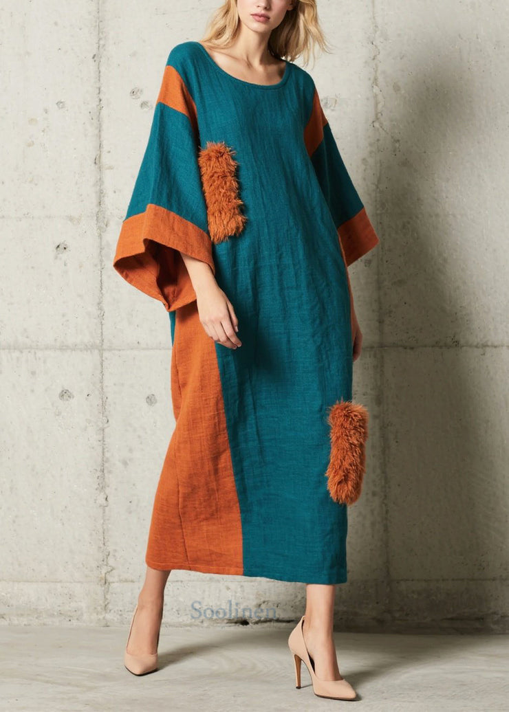 Chic Colorblock Asymmetrical Patchwork Faux Fur Dresses Batwing Sleeve