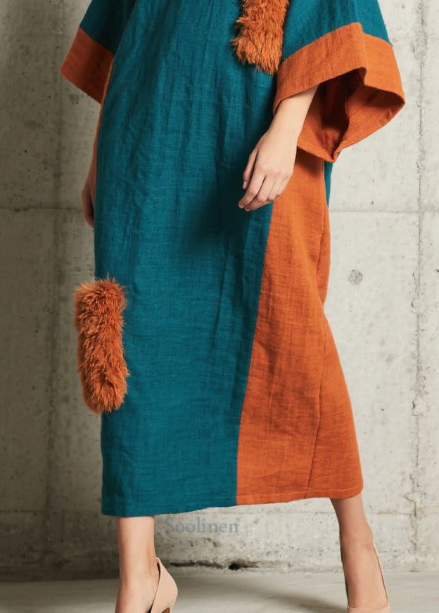 Chic Colorblock Asymmetrical Patchwork Faux Fur Dresses Batwing Sleeve