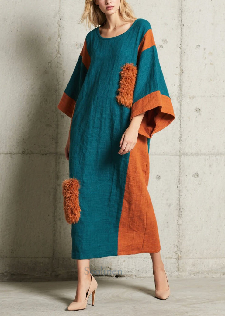 Chic Colorblock Asymmetrical Patchwork Faux Fur Dresses Batwing Sleeve