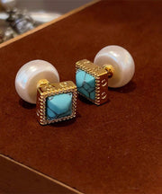 Chic Colorblock Copper Overgild Turquoise Pearl Stud Earrings