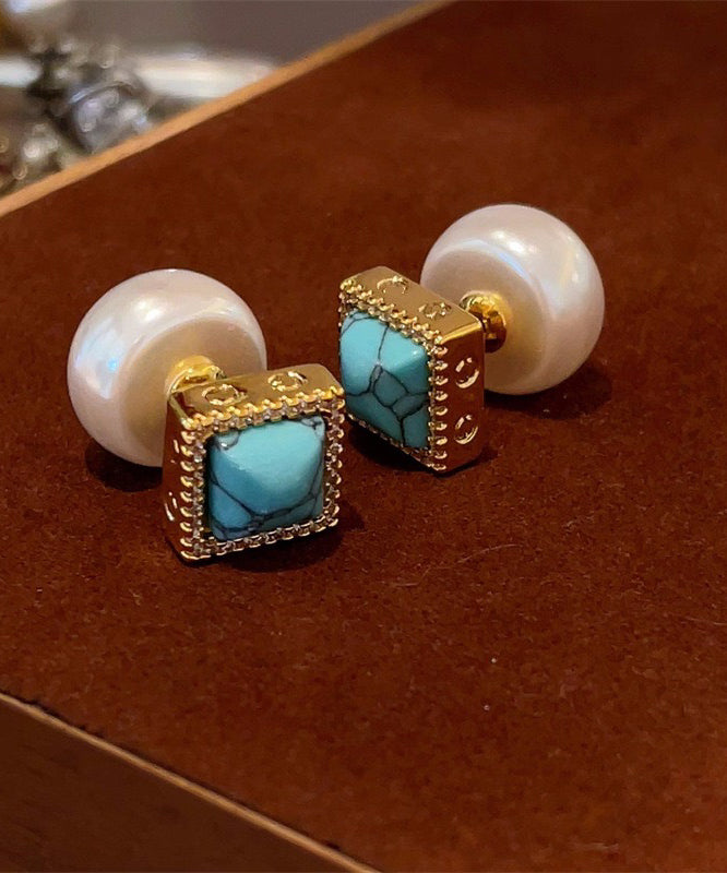 Chic Colorblock Copper Overgild Turquoise Pearl Stud Earrings
