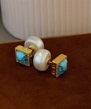 Chic Colorblock Copper Overgild Turquoise Pearl Stud Earrings