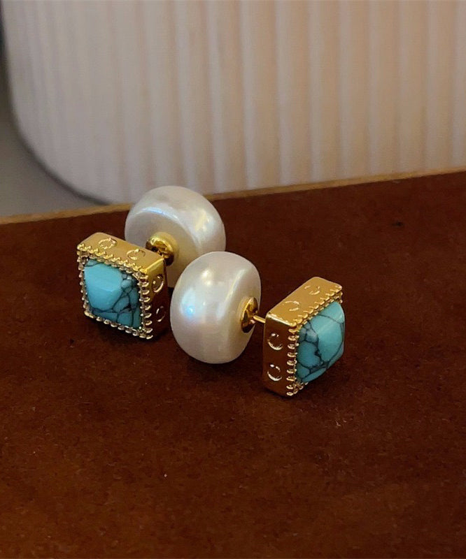 Chic Colorblock Copper Overgild Turquoise Pearl Stud Earrings