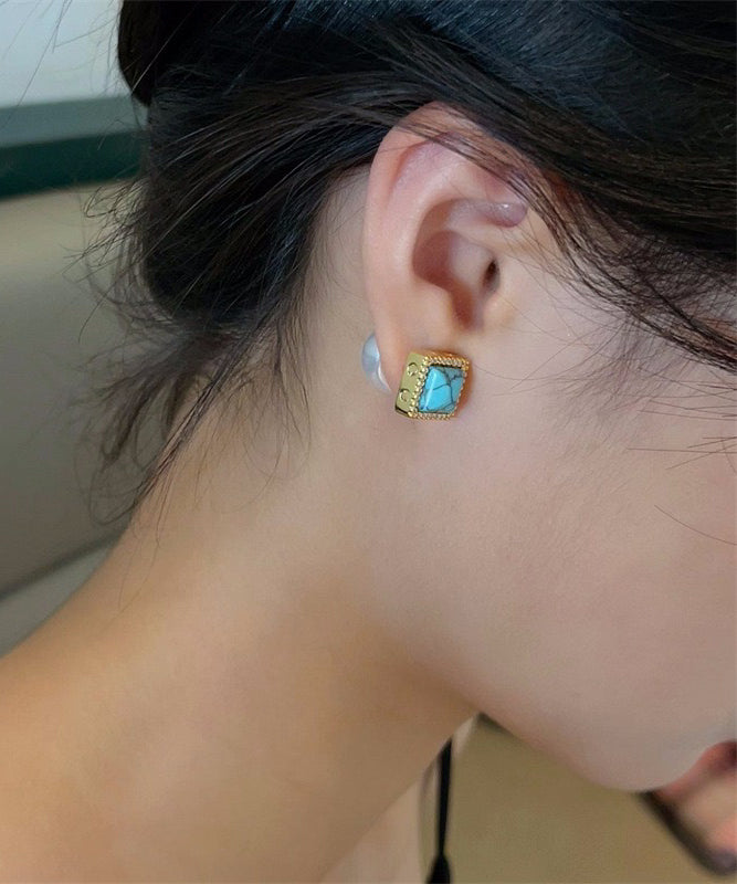 Chic Colorblock Copper Overgild Turquoise Pearl Stud Earrings