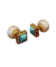 Chic Colorblock Copper Overgild Turquoise Pearl Stud Earrings