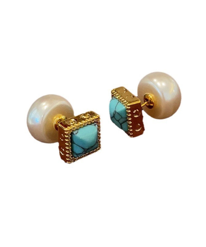 Chic Colorblock Copper Overgild Turquoise Pearl Stud Earrings