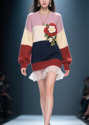 Chic Colorblock O Neck Floral Tulle Patchwork Knit Sweater Dress Fall