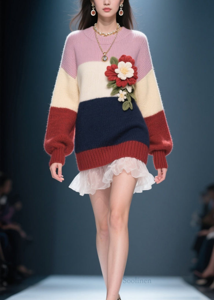 Chic Colorblock O Neck Floral Tulle Patchwork Knit Sweater Dress Fall