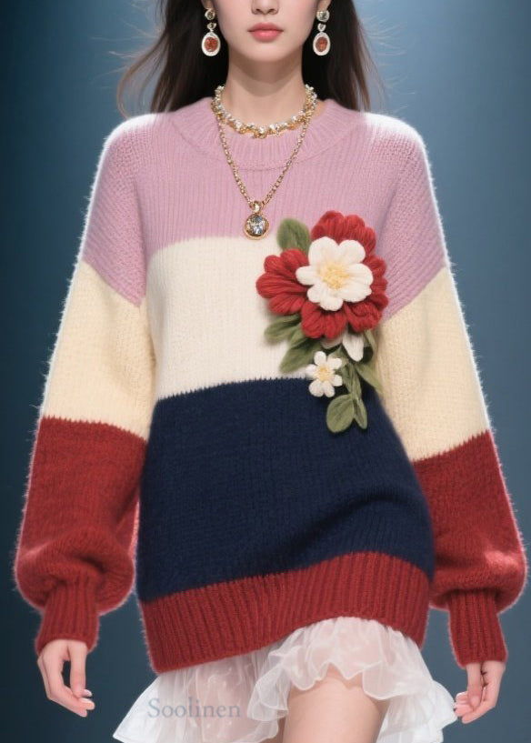 Chic Colorblock O Neck Floral Tulle Patchwork Knit Sweater Dress Fall