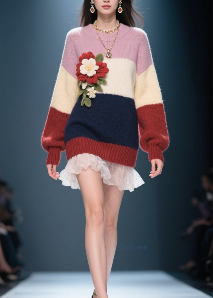 Chic Colorblock O Neck Floral Tulle Patchwork Knit Sweater Dress Fall