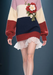 Chic Colorblock O Neck Floral Tulle Patchwork Knit Sweater Dress Fall